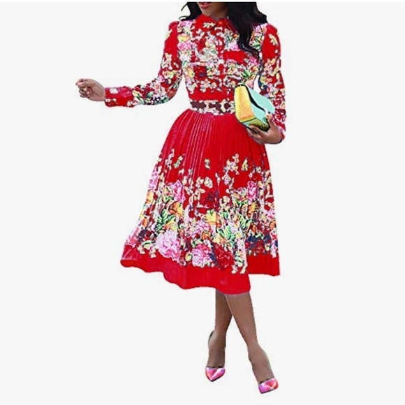 Red Pleated Floral Women's Dress - Picture 2 of 2